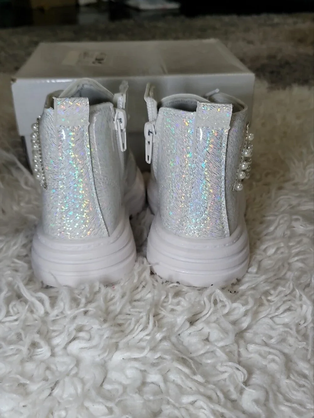 Sparkle White Kids Lace-Up Ankle Boots with Side Zip